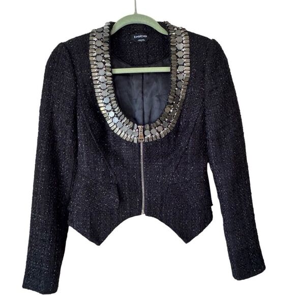 Bebe Women's Beaded Black & Gold Fitted Tweed Zip Up Blazer Size 6 - Picture 2 of 9